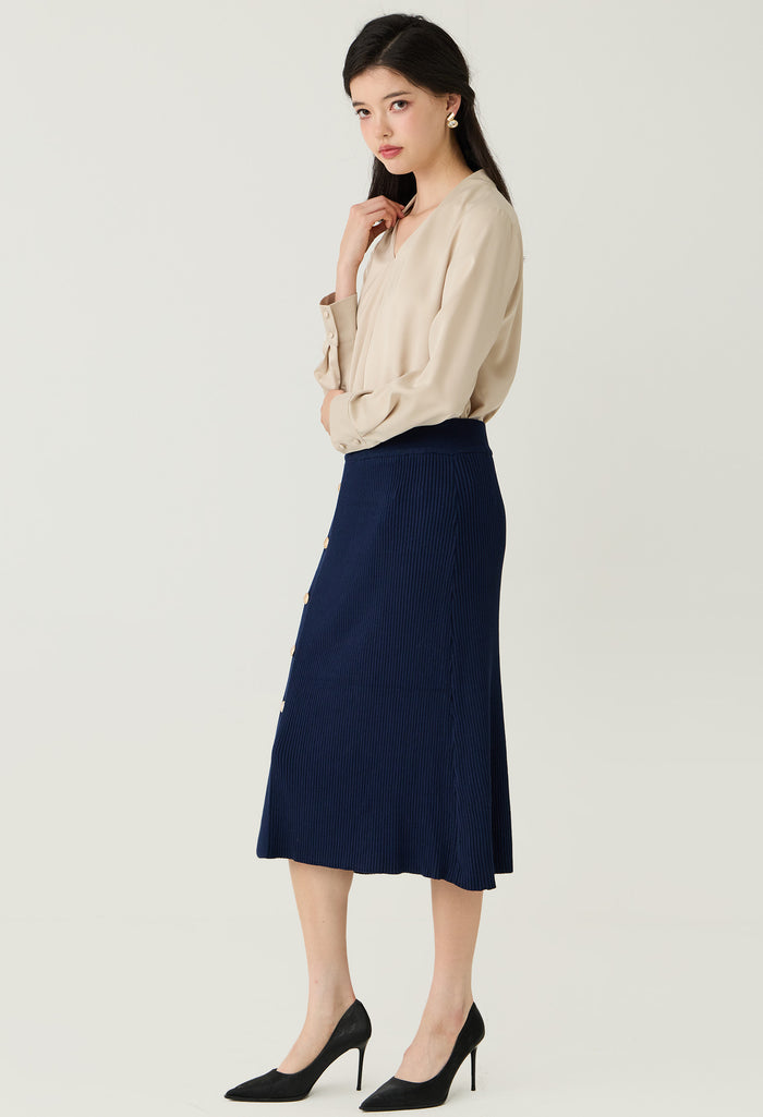 Buttons Ribbed Knitted Midi Skirt