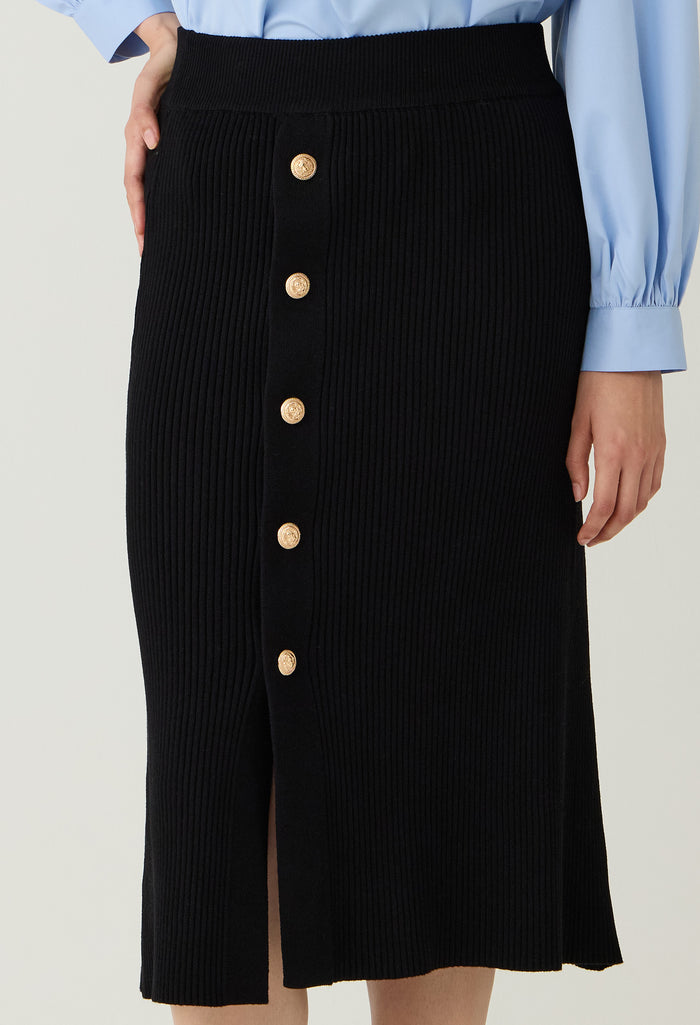 Buttons Ribbed Knitted Midi Skirt