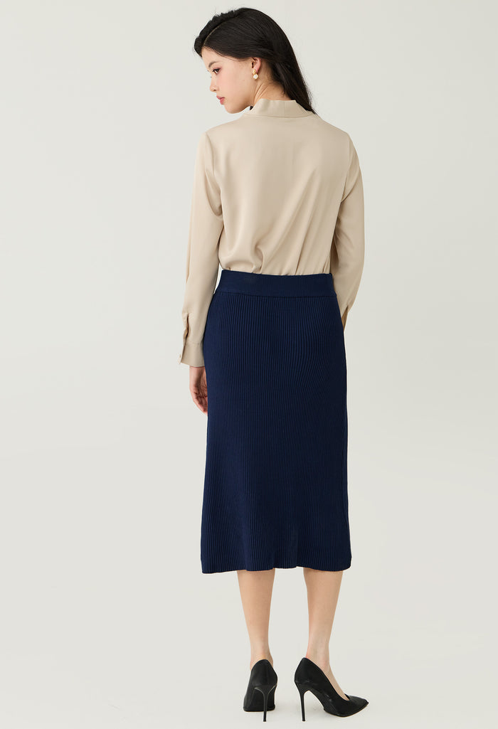 Buttons Ribbed Knitted Midi Skirt