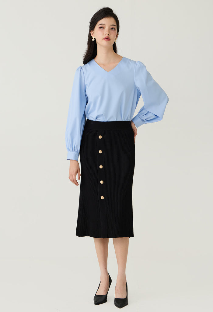 Buttons Ribbed Knitted Midi Skirt