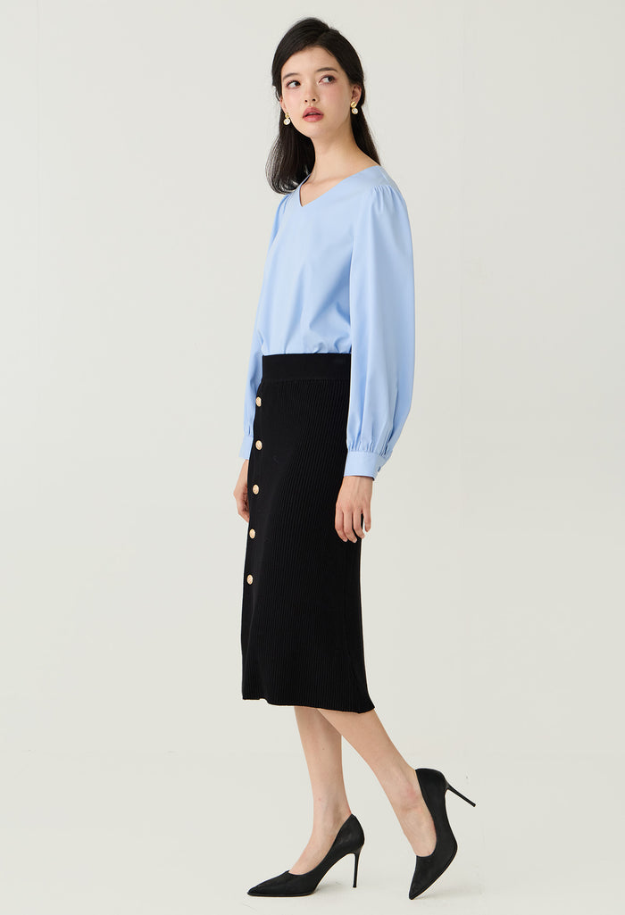 Buttons Ribbed Knitted Midi Skirt