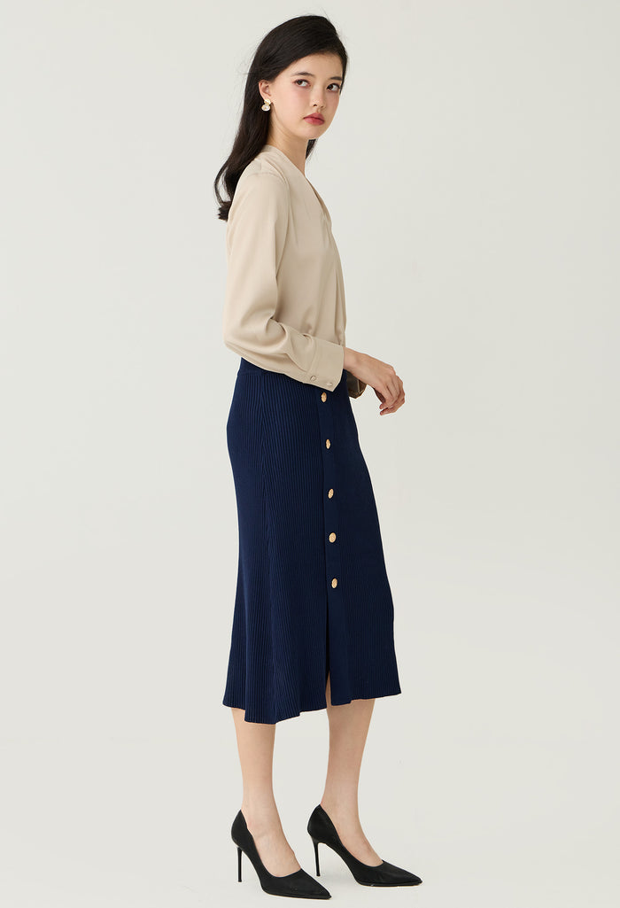Buttons Ribbed Knitted Midi Skirt