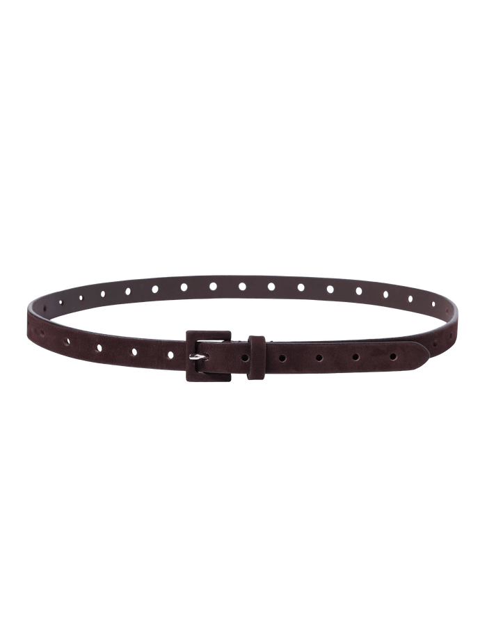 Brown leather belt with a buckle on a black background
