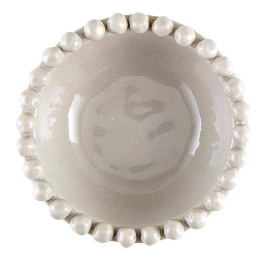 Gray ceramic beaded bowl with glossy finish and decorative rim — elegant neutral accent piece from The Pink Doxie Boutique.
