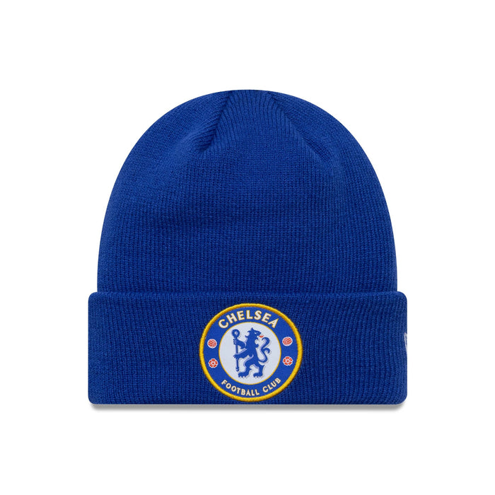 Pictured is this Youth Core Chelsea FC Lion Crest Cuff Knit Beanie in blue. 1