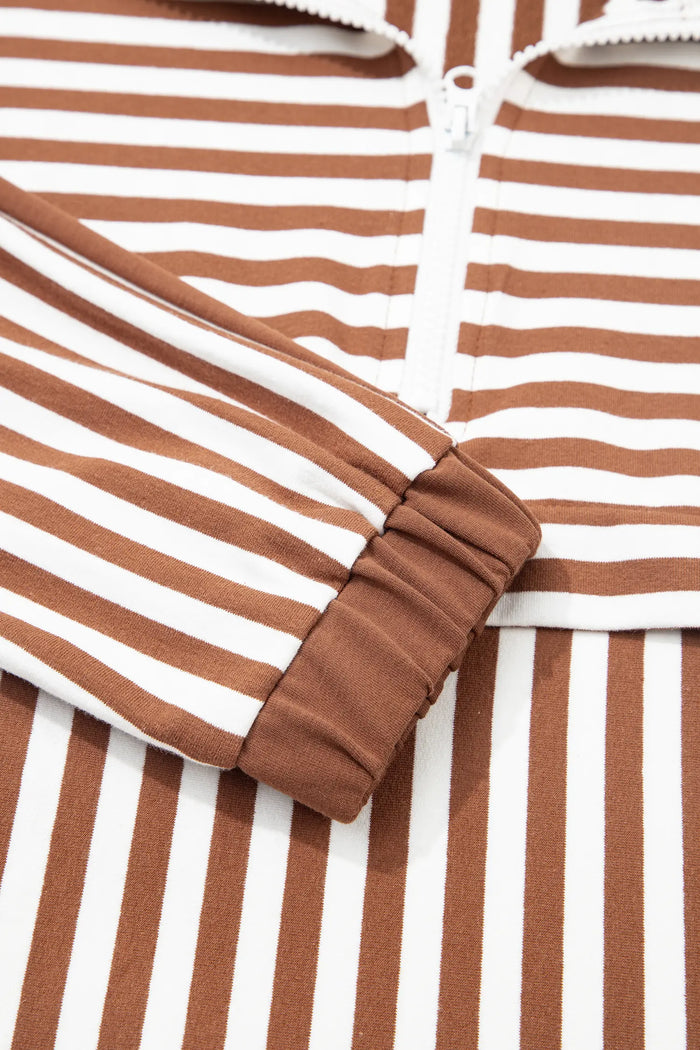 Color Block Patchwork Quarter Zip Pullover Sporty Shorts Set – Brown Stripe