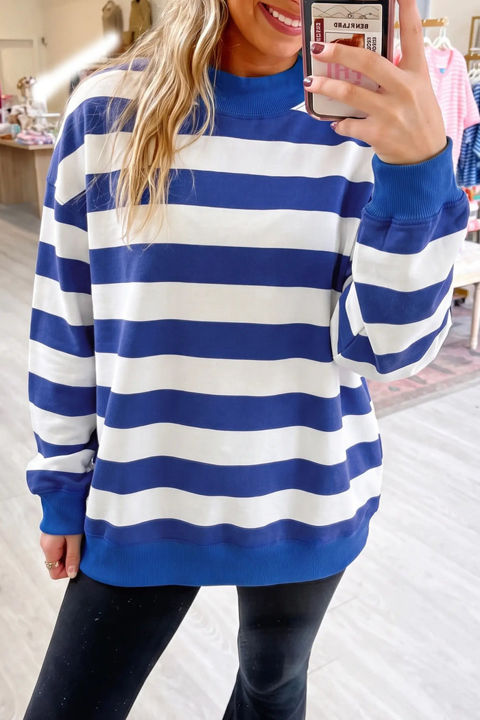 Colorblock Mock Neck Relaxed Sweatshirt – Blue Stripe