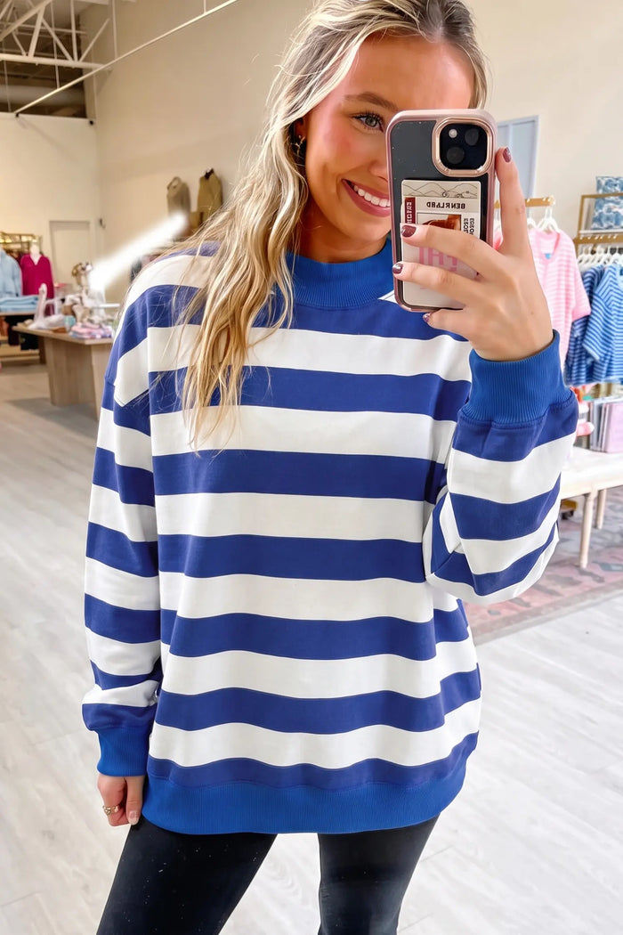 Colorblock Mock Neck Relaxed Sweatshirt – Blue Stripe