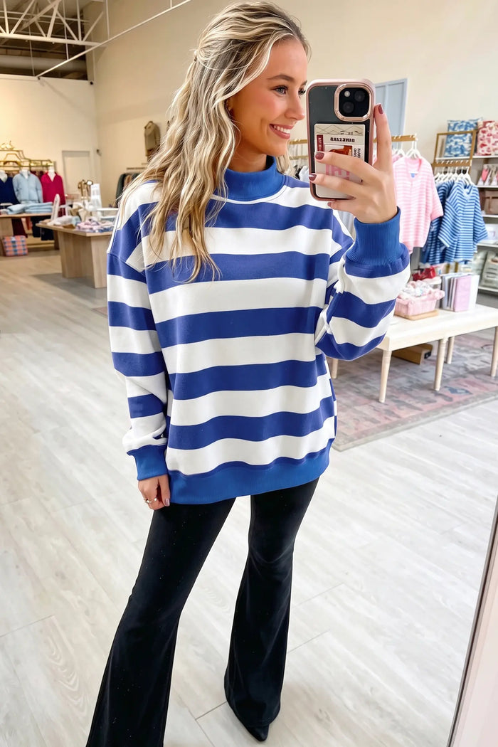 Colorblock Mock Neck Relaxed Sweatshirt – Blue Stripe