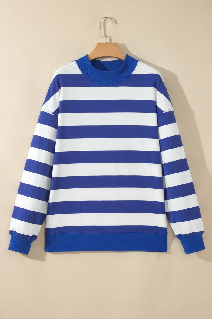 Colorblock Mock Neck Relaxed Sweatshirt – Blue Stripe