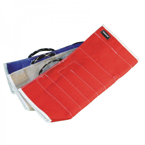 Red, blue, and tan RADDOG Nylcot sleeve covers for dog training with white reinforced trim and white stitching.