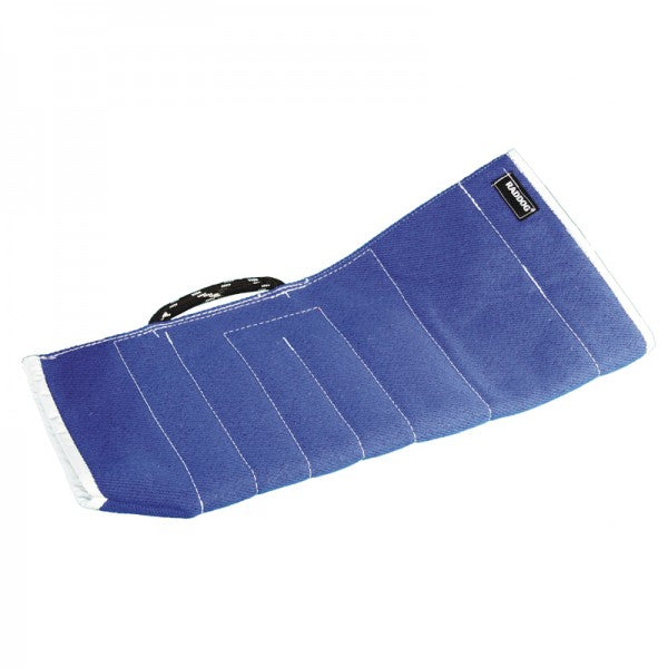 Blue RADDOG Nylcot dog training sleeve cover with white reinforced trim, white stitching, and a black and white cord handle.