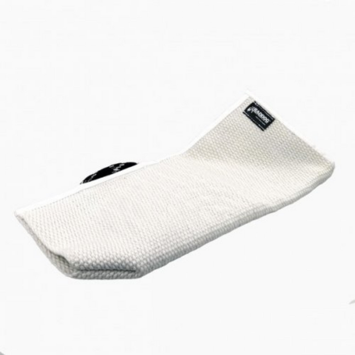 White synthetic dog training sleeve cover with textured jute-like surface, designed for Raddog complete sleeve.