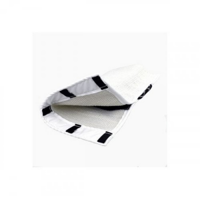 Open white synthetic dog training sleeve cover showing inner lining and secure strap attachments.