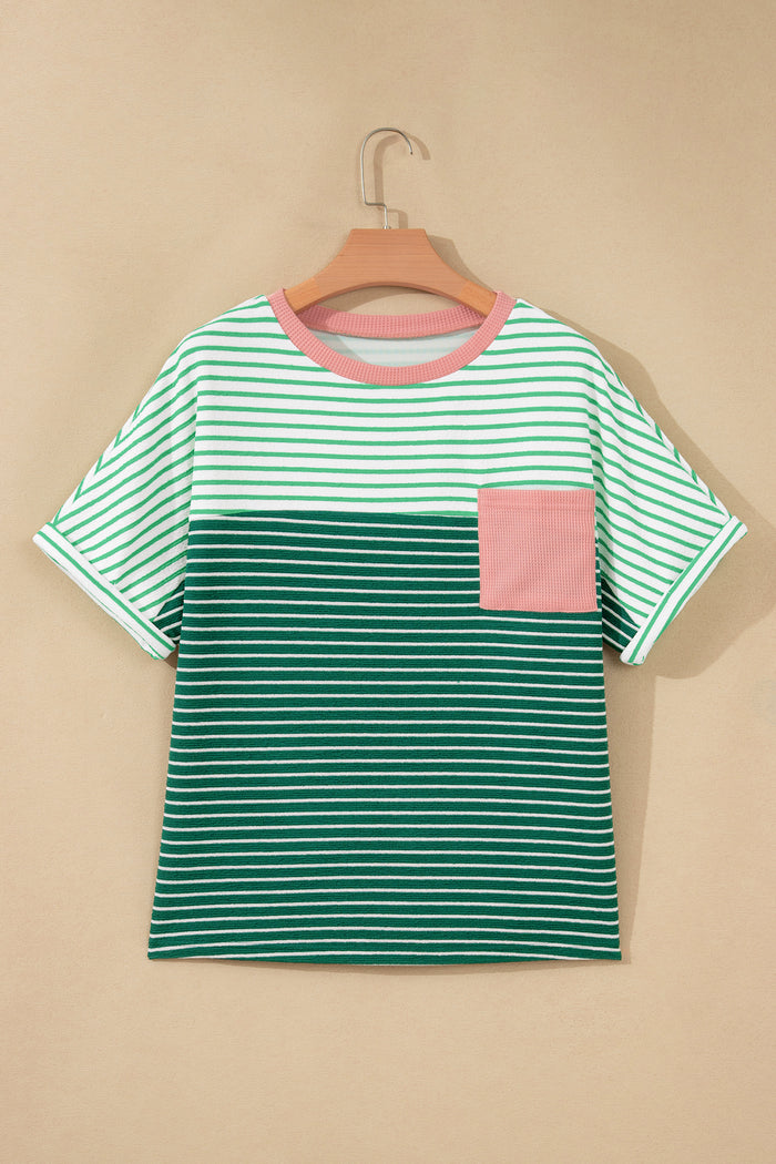 Contrast Print Color Block Detail Relaxed Tee – Green Stripe