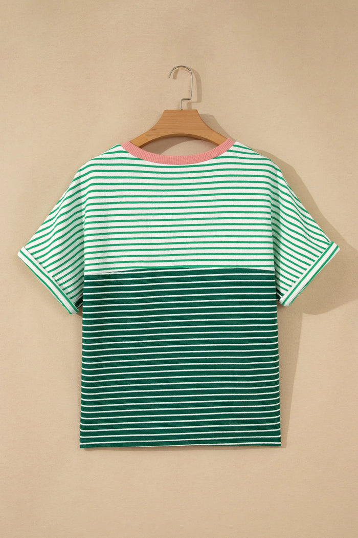 Contrast Print Color Block Detail Relaxed Tee – Green Stripe