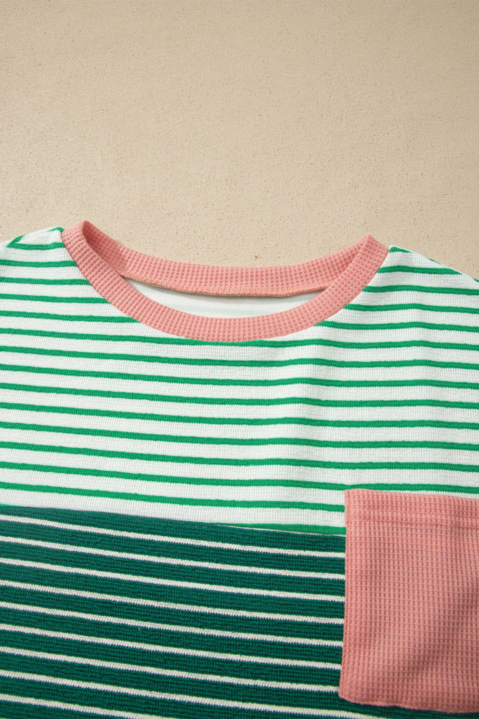 Contrast Print Color Block Detail Relaxed Tee – Green Stripe
