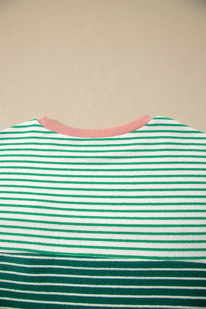 Contrast Print Color Block Detail Relaxed Tee – Green Stripe