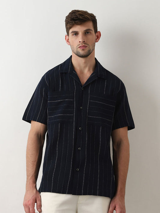 Dark Blue Striped Cuban Collar Shirt