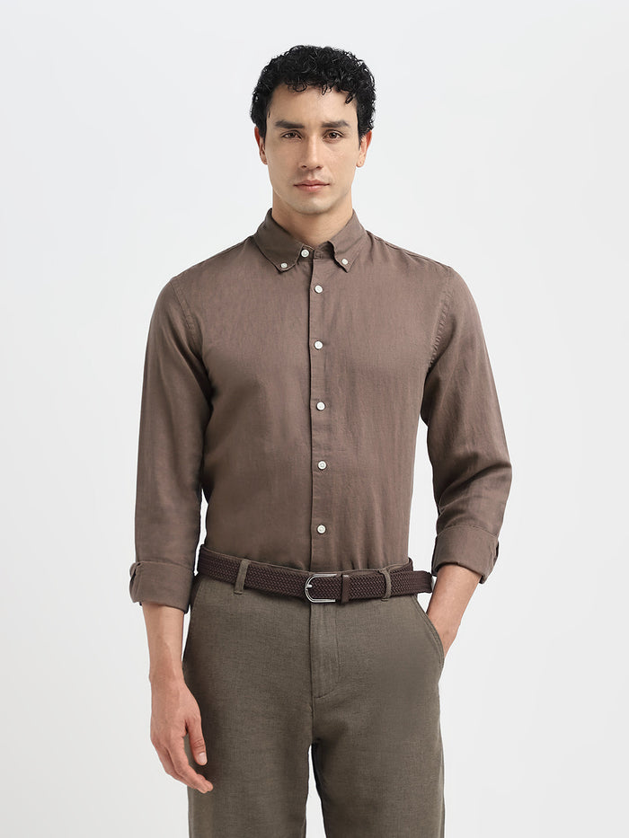 Dark Brown Linen Blend Slim Fit Shirt