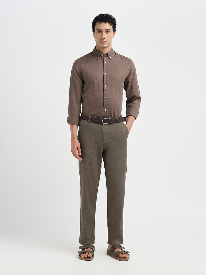 Dark Brown Linen Blend Slim Fit Shirt