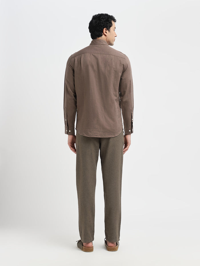 Dark Brown Linen Blend Slim Fit Shirt