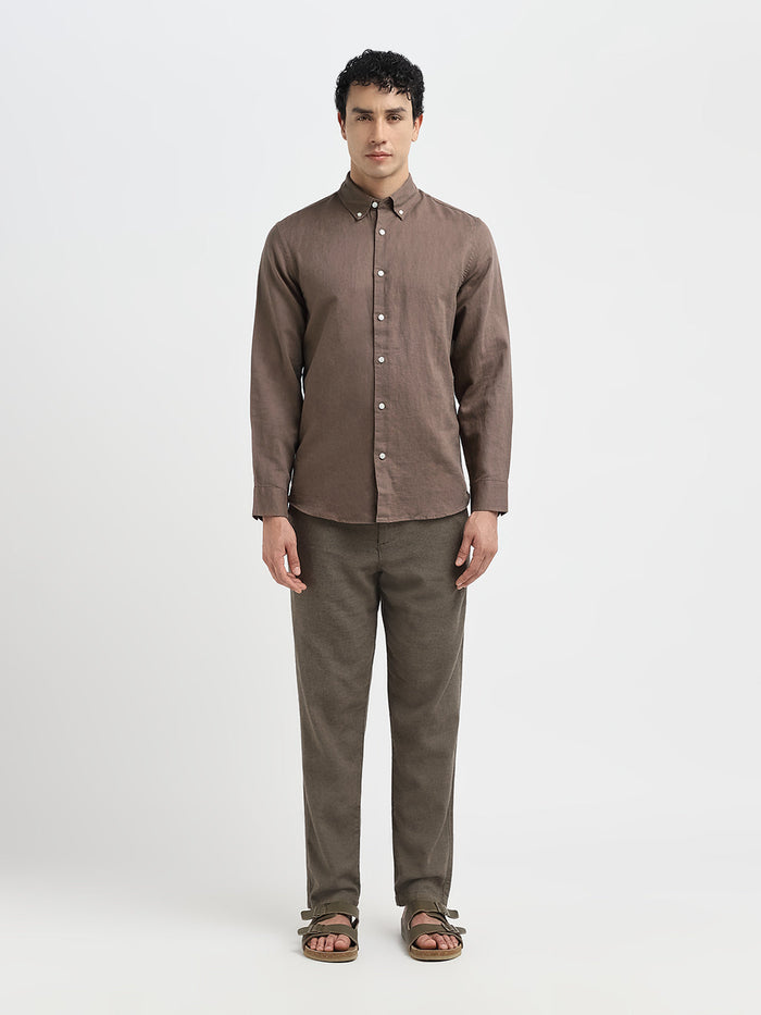 Dark Brown Linen Blend Slim Fit Shirt