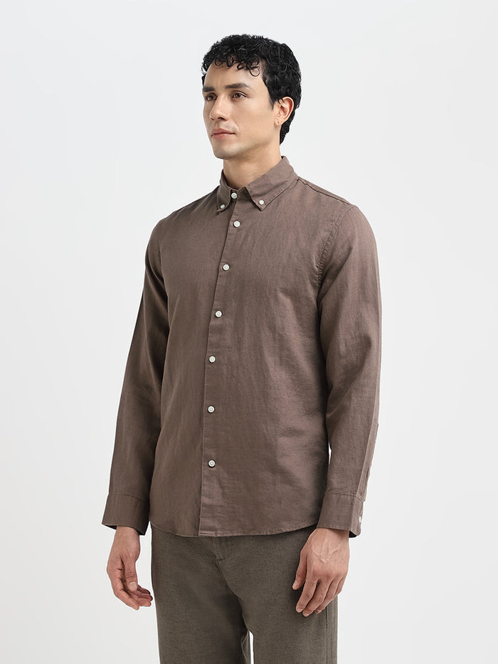 Dark Brown Linen Blend Slim Fit Shirt