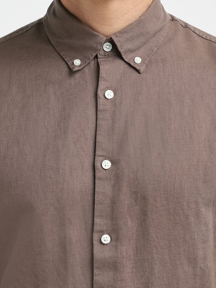 Dark Brown Linen Blend Slim Fit Shirt