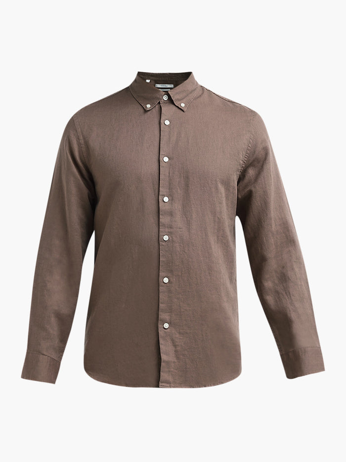 Dark Brown Linen Blend Slim Fit Shirt