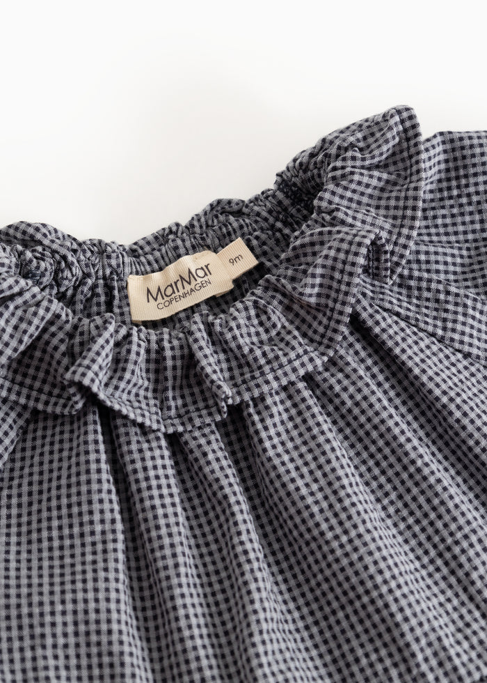 Shirt dress in dark bluish‑gray color with a pleated collar and visible logo.