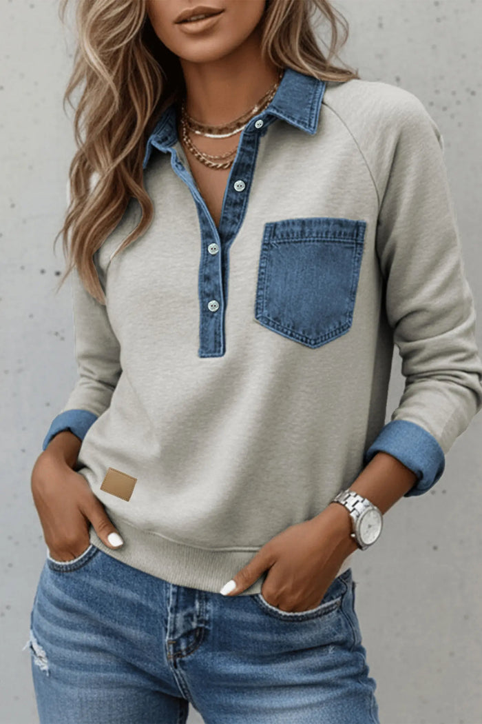 Denim Collar Patchwork Long Sleeve Pullover Top – Gray