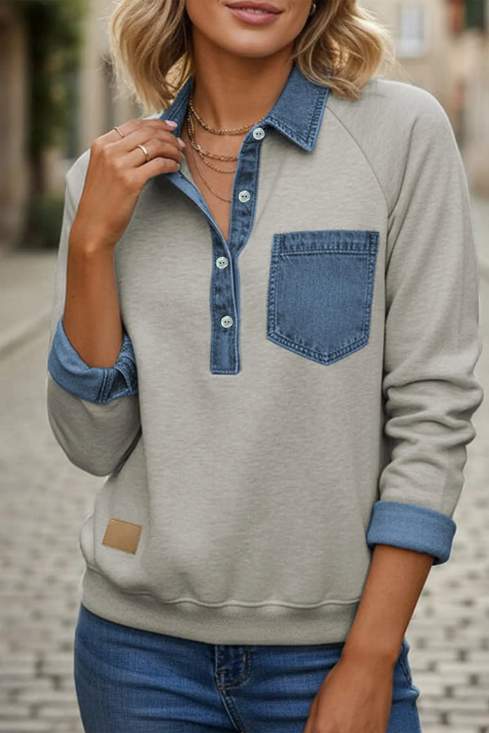 Denim Collar Patchwork Long Sleeve Pullover Top – Gray
