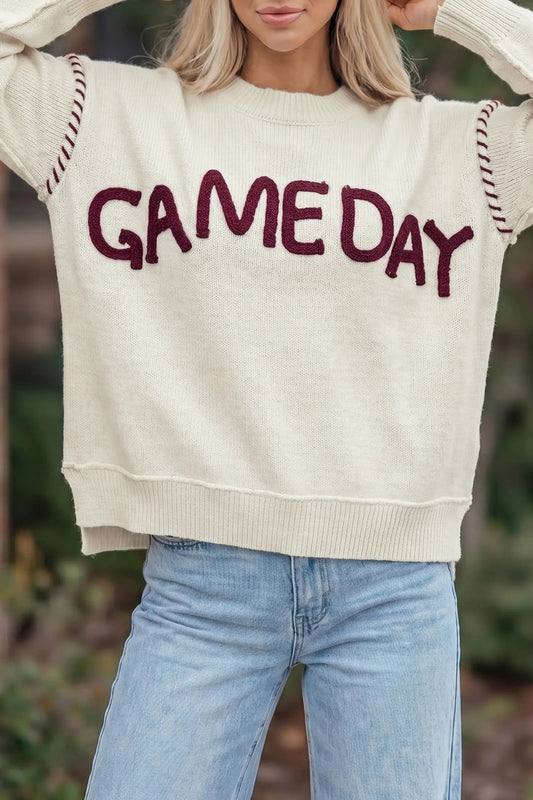 Drop Shoulder Game Day Letter Print Pullover Sweater – Beige