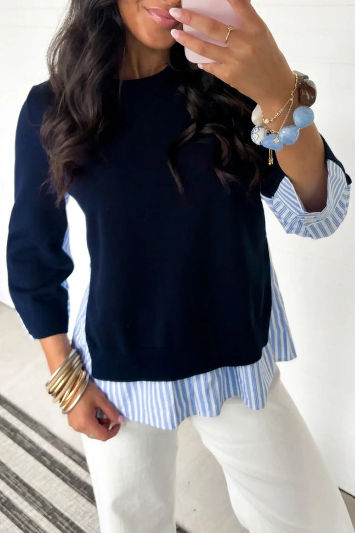 Drop Shoulder Long Sleeve Striped Pullover Sweater – Navy Blue