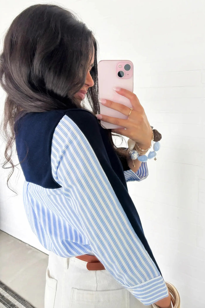 Drop Shoulder Long Sleeve Striped Pullover Sweater – Navy Blue