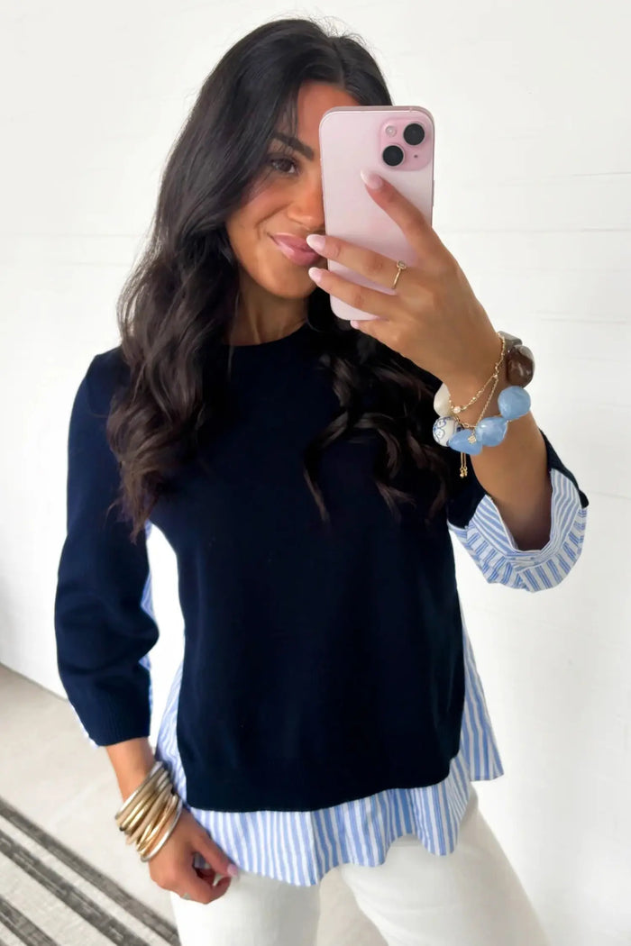 Drop Shoulder Long Sleeve Striped Pullover Sweater – Navy Blue