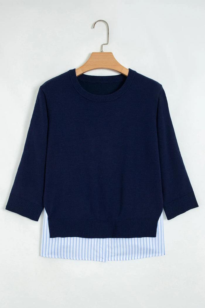 Drop Shoulder Long Sleeve Striped Pullover Sweater – Navy Blue