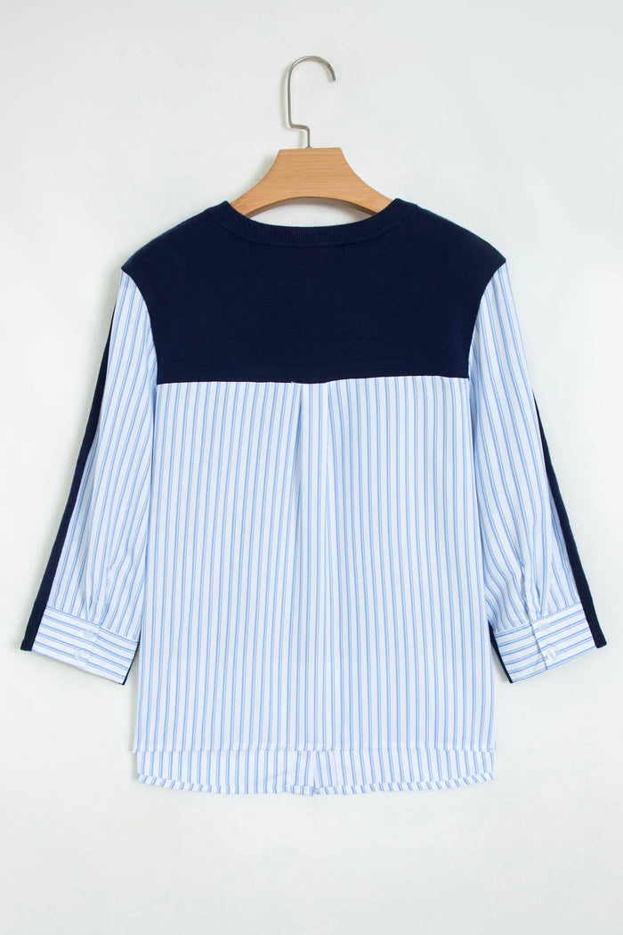 Drop Shoulder Long Sleeve Striped Pullover Sweater – Navy Blue