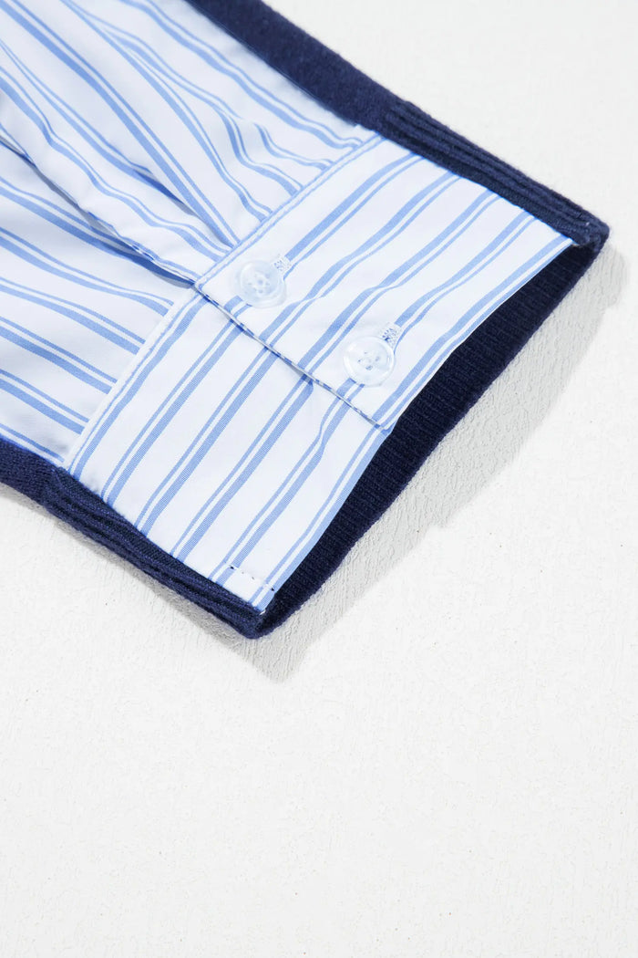 Drop Shoulder Long Sleeve Striped Pullover Sweater – Navy Blue