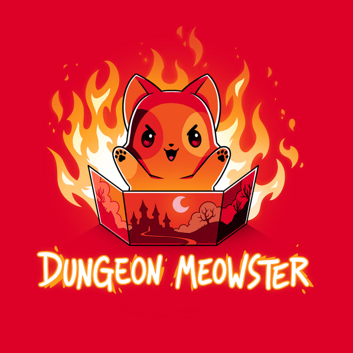 Premium Cotton T-shirt_TeeTurtle Dungeon Meowster garnet red apparel featuring a cartoon red cat surrounded by flames with an evil look on its face  holding a book that has a castle, moon and trees on the cover with Dungeon Meowster written underneath.
