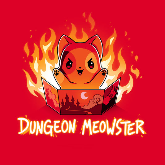 Premium Cotton T-shirt_TeeTurtle Dungeon Meowster garnet red apparel featuring a cartoon red cat surrounded by flames with an evil look on its face  holding a book that has a castle, moon and trees on the cover with Dungeon Meowster written underneath.