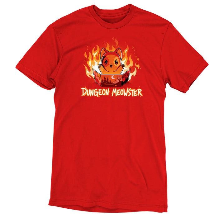 Premium Cotton T-shirt_TeeTurtle Dungeon Meowster garnet red apparel featuring a cartoon red cat surrounded by flames with an evil look on its face  holding a book that has a castle, moon and trees on the cover with Dungeon Meowster written underneath.