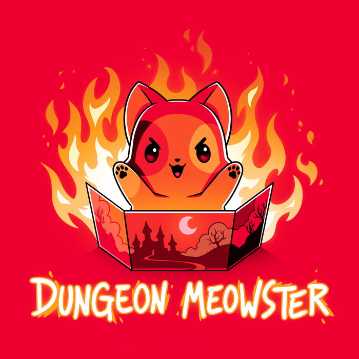 Classic Cotton T-shirt_TeeTurtle Dungeon Meowster red apparel featuring a cartoon red cat surrounded by flames with an evil look on its face  holding a book that has a castle, moon and trees on the cover with Dungeon Meowster written underneath.