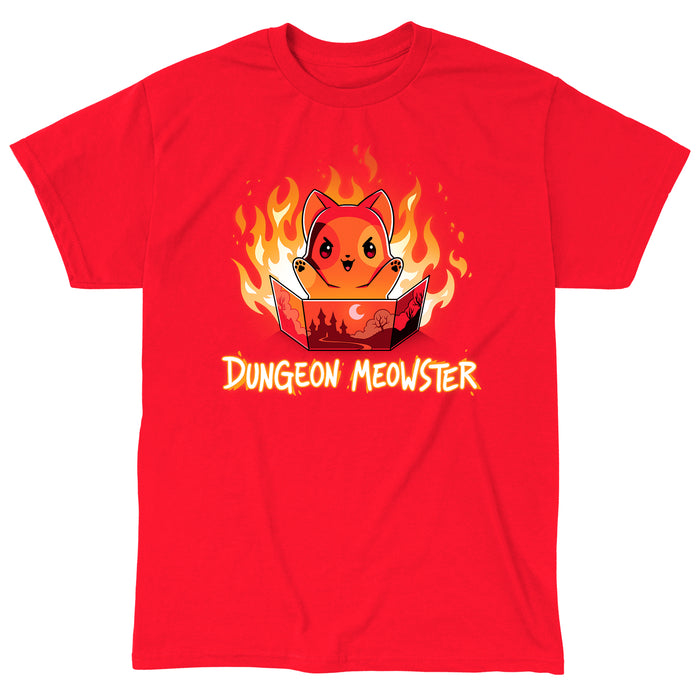 Classic Cotton T-shirt_TeeTurtle Dungeon Meowster red apparel featuring a cartoon red cat surrounded by flames with an evil look on its face  holding a book that has a castle, moon and trees on the cover with Dungeon Meowster written underneath.