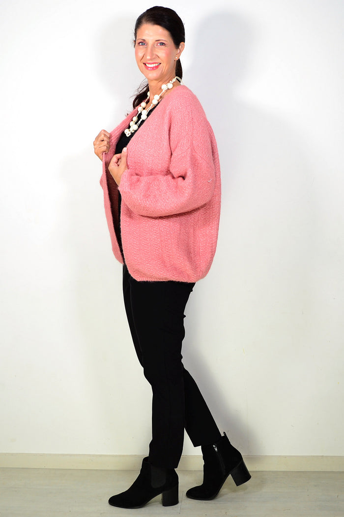 Dusty rose oversized winter cardigan from Sunshine, cozy outerwear with a chunky knit design and relaxed fit.