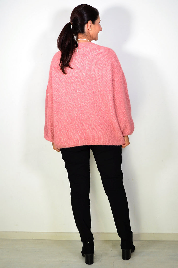 Dusty rose oversized winter cardigan by Sunshine, cozy outerwear with a relaxed fit and chunky knit texture.