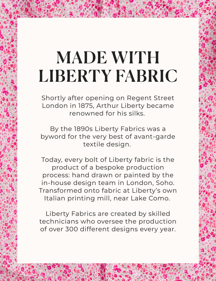Text about Liberty Fabrics on a pink floral patterned background