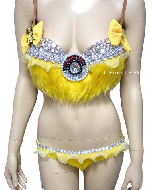 Electric Yellow Mouse Inspired Fur Bra and Bottom Cosplay Dance Costume Rave Halloween