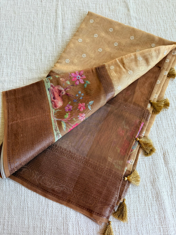 Emb and printed chanderi saree - Beige